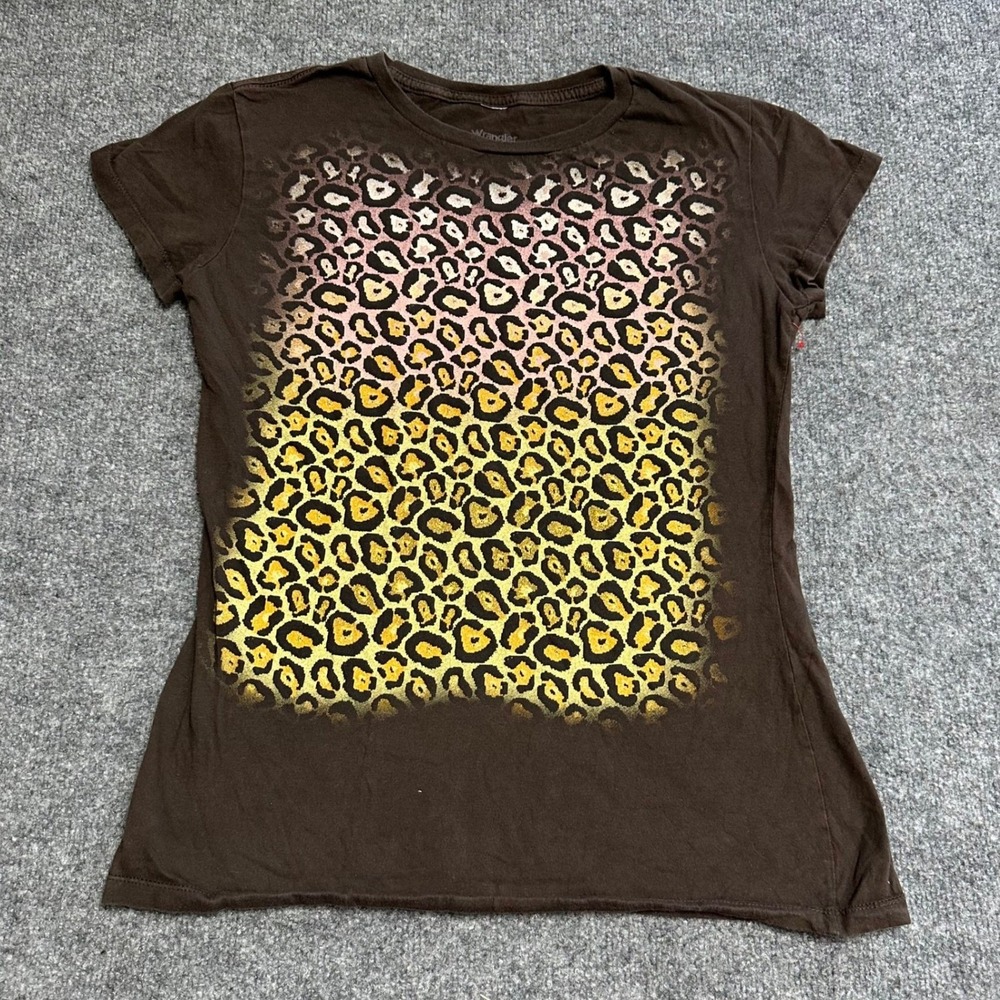 Wrangler T-Shirt Womens Size XL Brown Leopard Print Cotton Short Sleeve Graphic